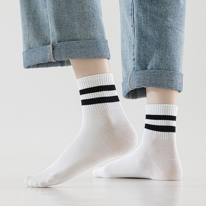 良品汇馆 2025春夏新款日式无印女双线运动中筒袜良品纯色双杠女生袜子运动休闲透气袜 白色