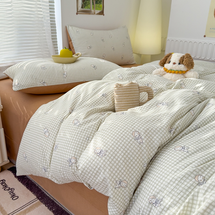 91家纺网 家纺一手货源 找家纺 竹合家纺 2025新品云感皱皱四件套跑量款小清新四件套 航空小兔-绿