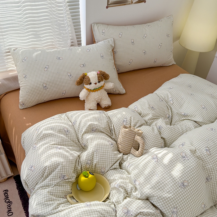 91家纺网 家纺一手货源 找家纺 竹合家纺 2025新品云感皱皱四件套跑量款小清新四件套 航空小兔-绿