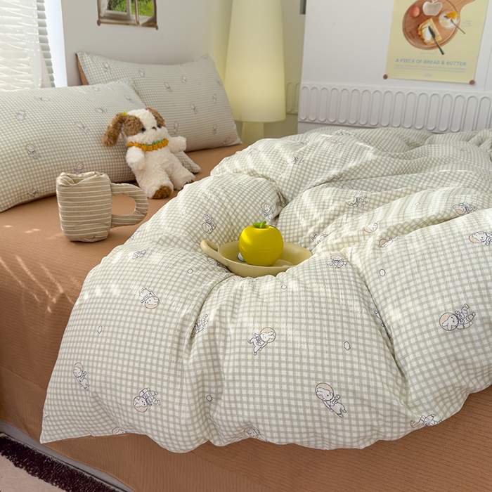 91家纺网 家纺一手货源 找家纺 竹合家纺 2025新品云感皱皱四件套跑量款小清新四件套 航空小兔-绿