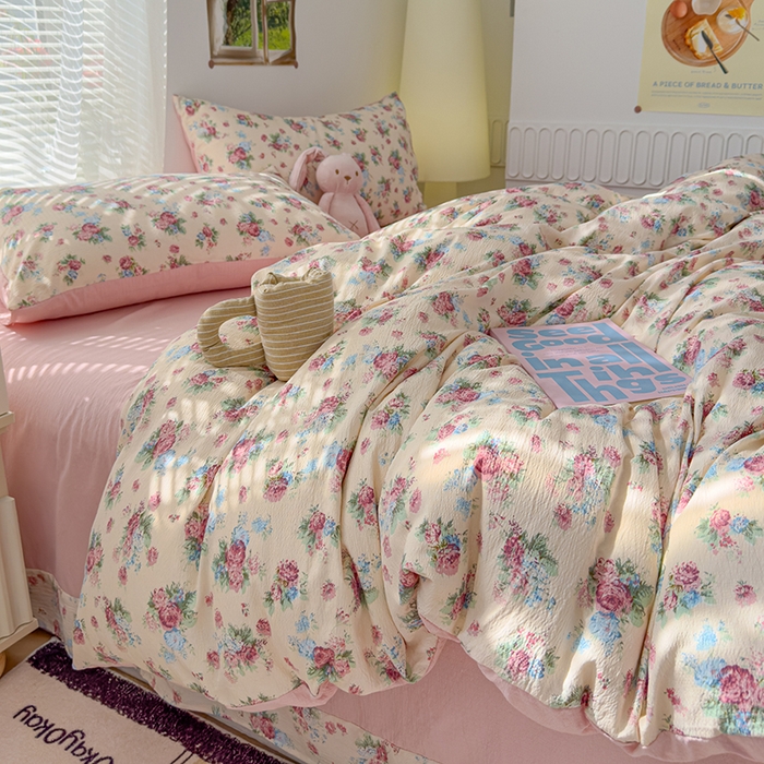 91家纺网 家纺一手货源 找家纺 竹合家纺 2025新品云感皱皱四件套跑量款小清新四件套 墨红玫瑰