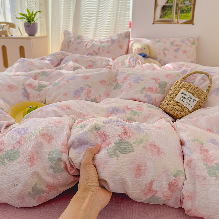 91家纺网 家纺一手货源 找家纺 竹合家纺 2025新品云感皱皱四件套跑量款小清新四件套 晚香玉