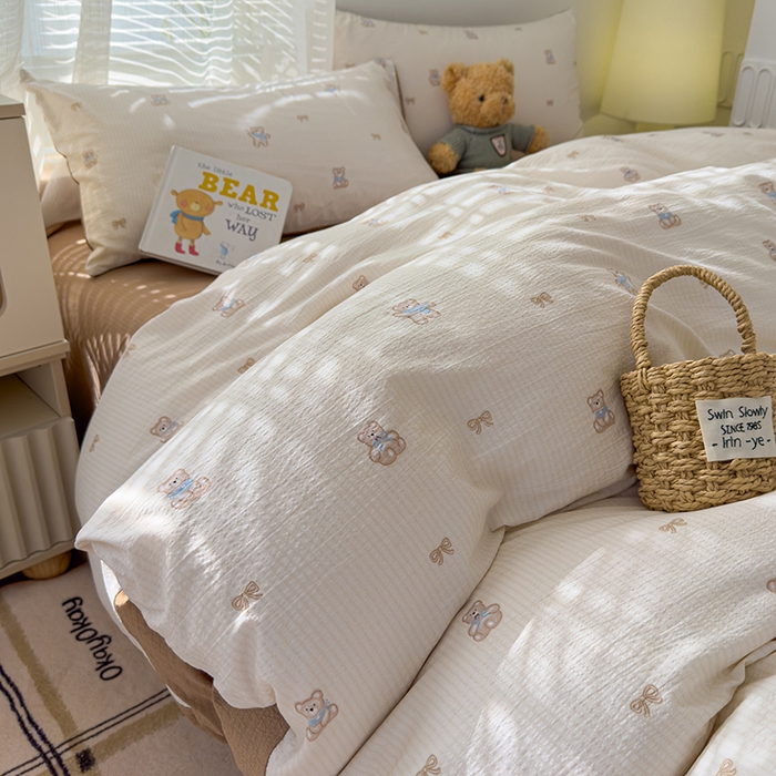 91家纺网 家纺一手货源 找家纺 竹合家纺 2025新品云感皱皱四件套跑量款小清新四件套 宝贝熊