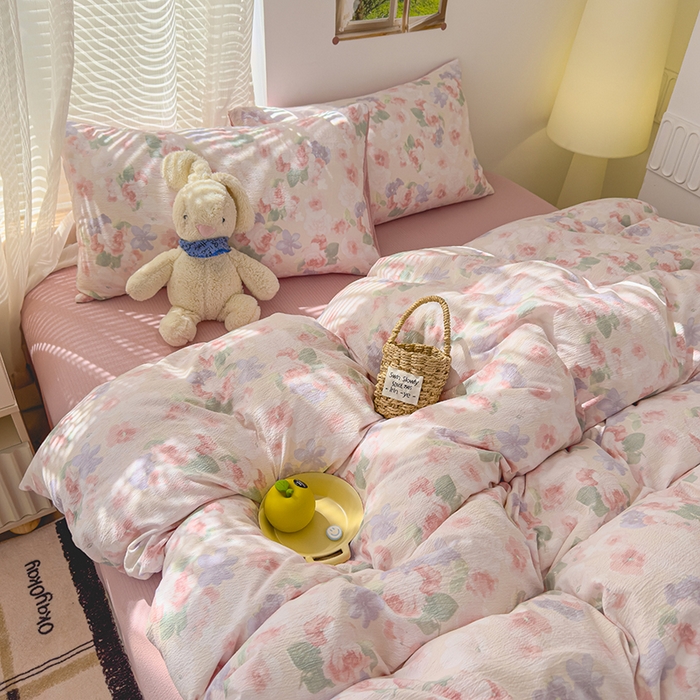 91家纺网 家纺一手货源 找家纺 竹合家纺 2025新品云感皱皱四件套跑量款小清新四件套 晚香玉