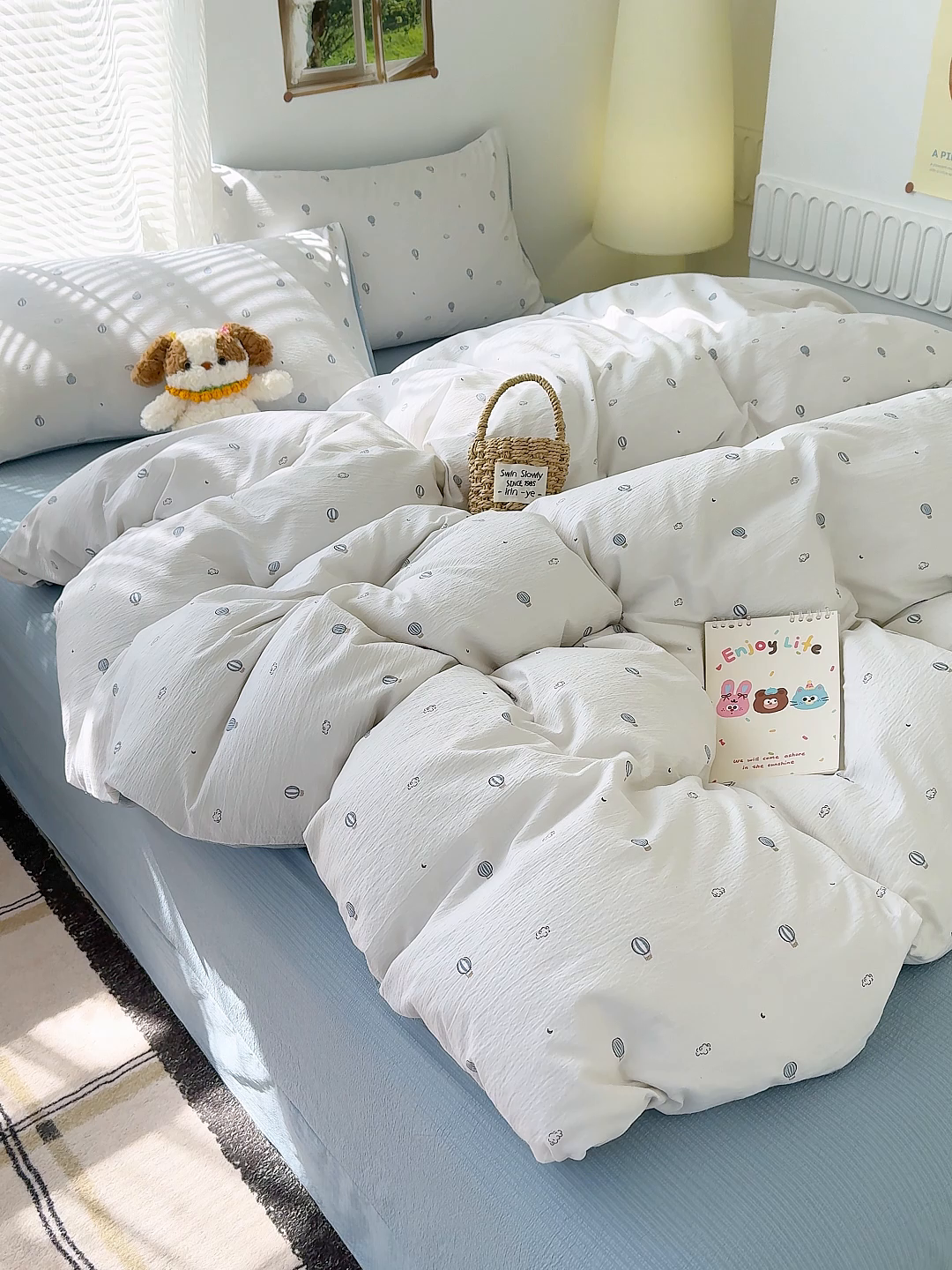 91家纺网 家纺一手货源 找家纺 竹合家纺 2025新品云感皱皱四件套跑量款小清新四件套 热气球