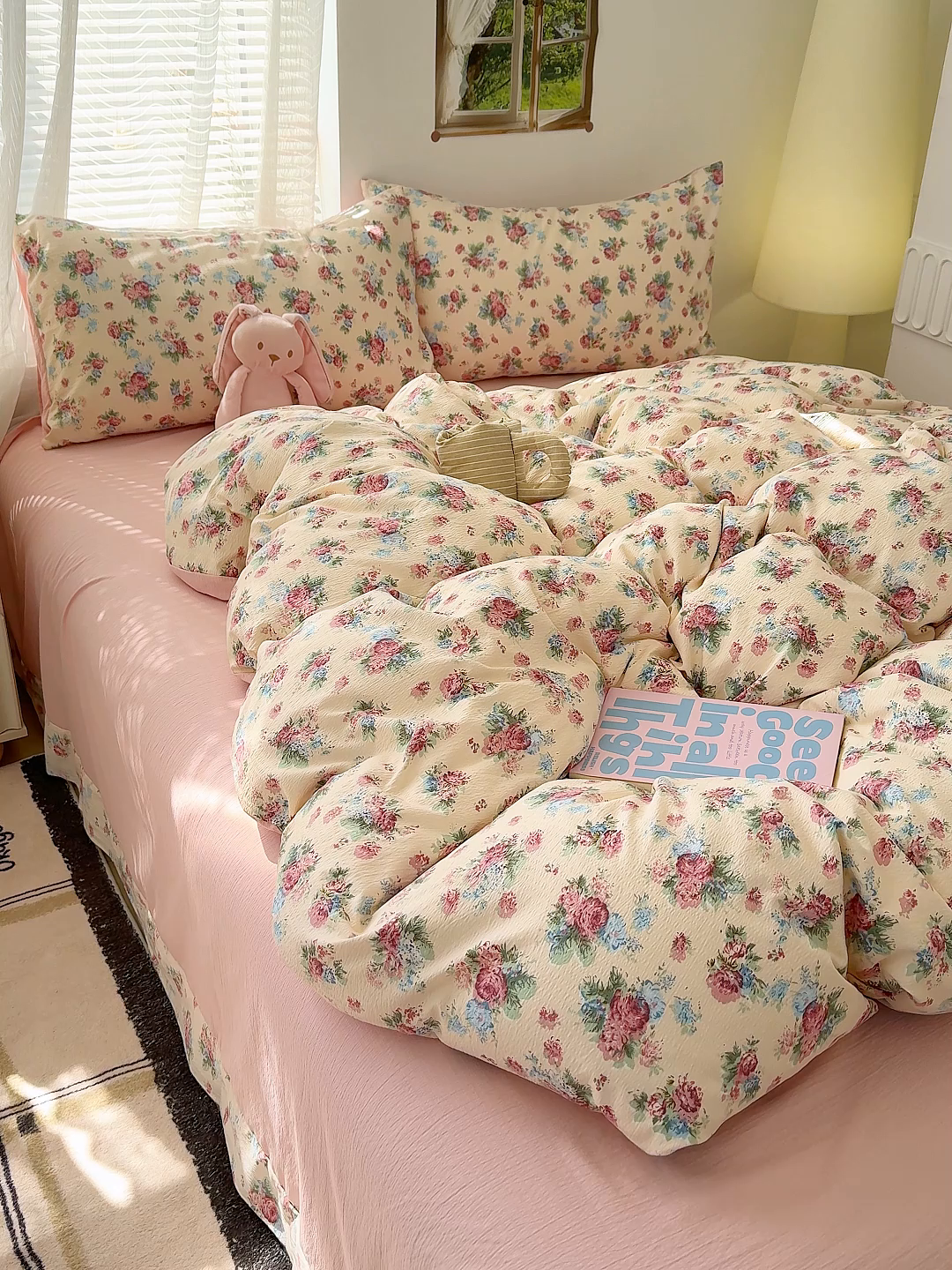 91家纺网 家纺一手货源 找家纺 竹合家纺 2025新品云感皱皱四件套跑量款小清新四件套 墨红玫瑰