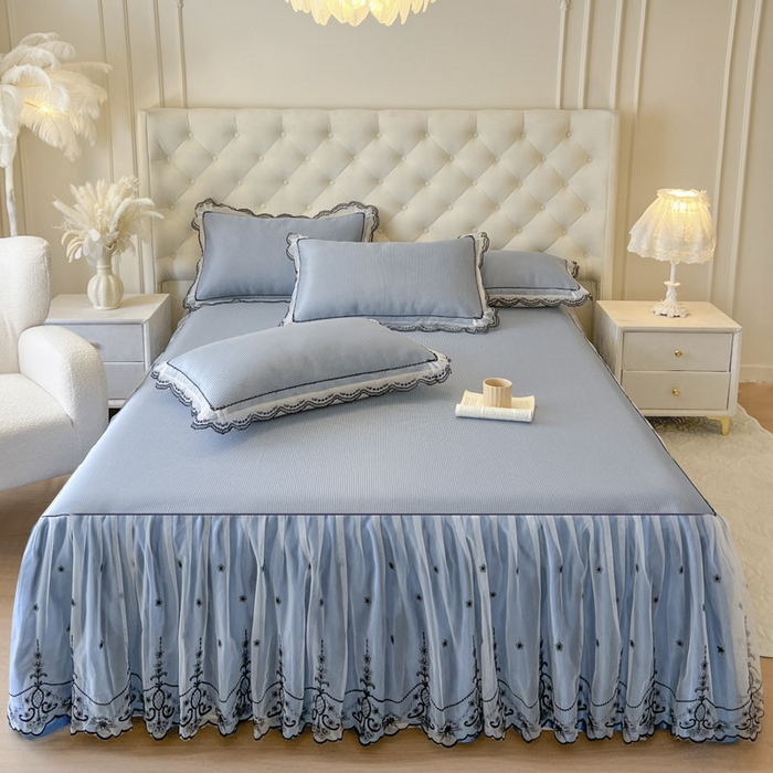 91家纺网 家纺一手货源 找家纺 恋尚 2025新款可机洗可水洗冰丝床裙软席 卡梵-蓝