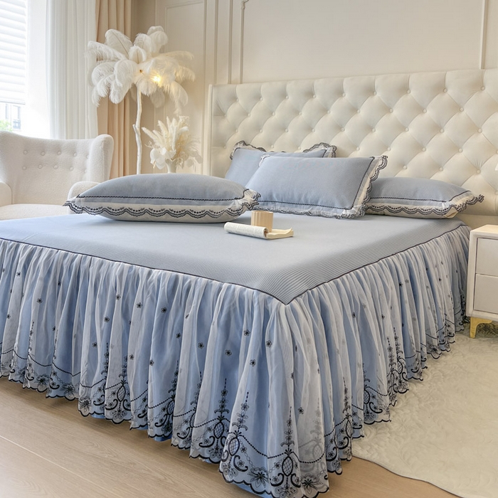 91家纺网 家纺一手货源 找家纺 恋尚 2025新款可机洗可水洗冰丝床裙软席 卡梵-蓝