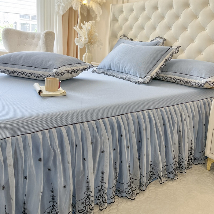 91家纺网 家纺一手货源 找家纺 恋尚 2025新款可机洗可水洗冰丝床裙软席 卡梵-蓝