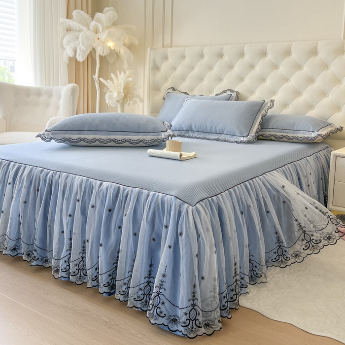 91家纺网 家纺一手货源 找家纺 恋尚 2025新款可机洗可水洗冰丝床裙软席 卡梵-蓝