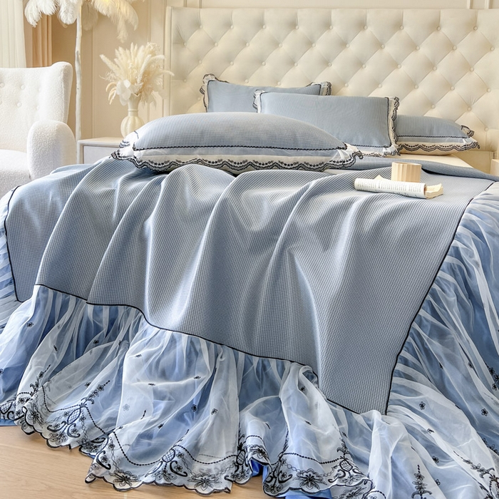 91家纺网 家纺一手货源 找家纺 恋尚 2025新款可机洗可水洗冰丝床裙软席 卡梵-蓝