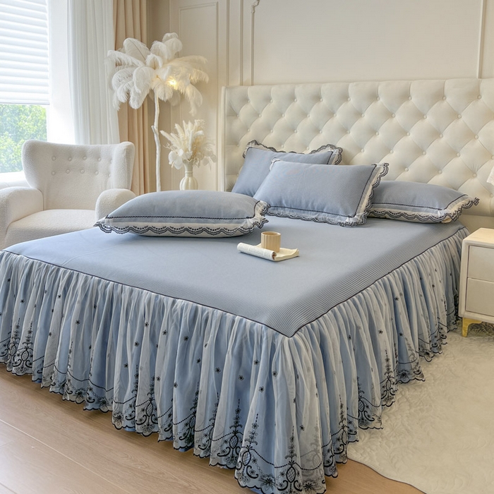 91家纺网 家纺一手货源 找家纺 恋尚 2025新款可机洗可水洗冰丝床裙软席 卡梵-蓝