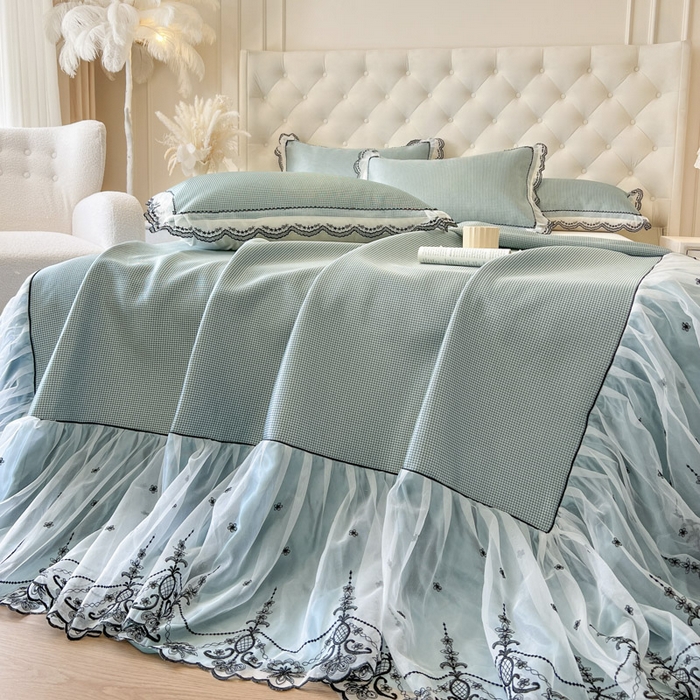 91家纺网 家纺一手货源 找家纺 恋尚 2025新款可机洗可水洗冰丝床裙软席 卡梵-绿