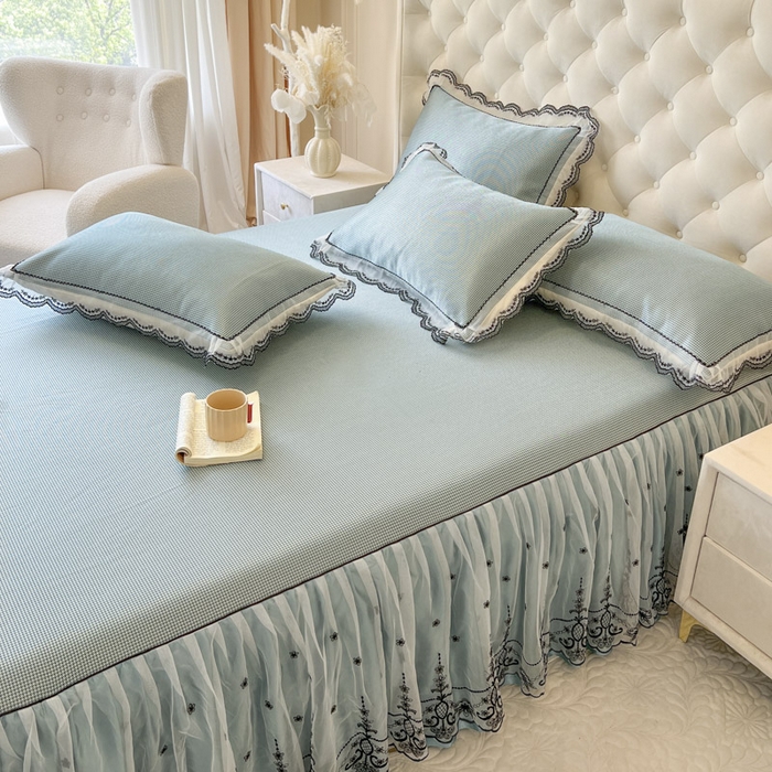 91家纺网 家纺一手货源 找家纺 恋尚 2025新款可机洗可水洗冰丝床裙软席 卡梵-绿