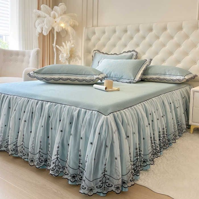 91家纺网 家纺一手货源 找家纺 恋尚 2025新款可机洗可水洗冰丝床裙软席 卡梵-绿