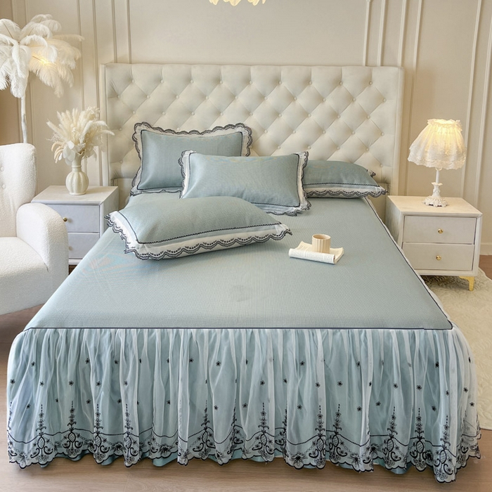 91家纺网 家纺一手货源 找家纺 恋尚 2025新款可机洗可水洗冰丝床裙软席 卡梵-绿