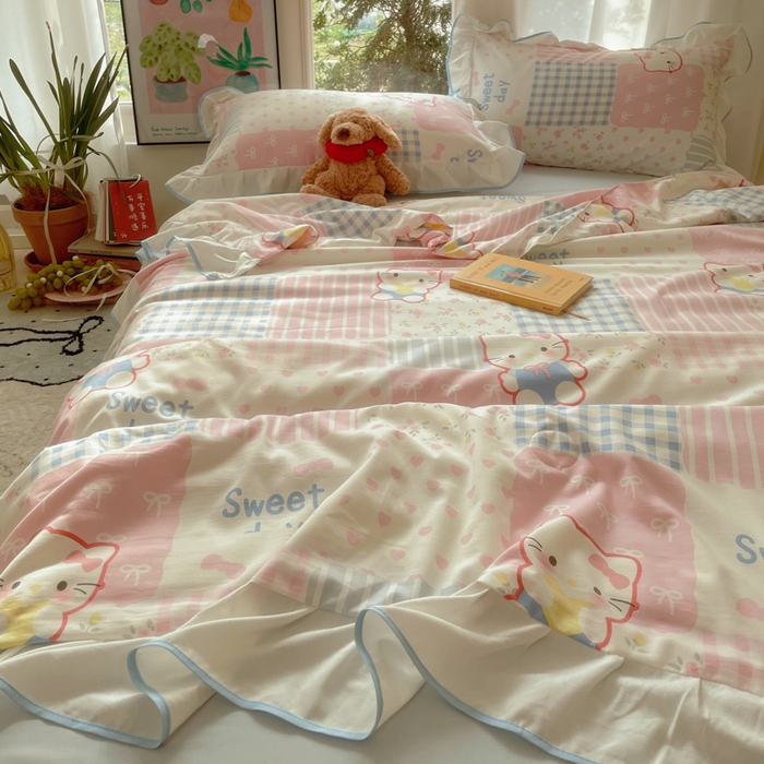 91家纺网 家纺一手货源 找家纺 桃心家居 2025新款A类云柔水洗棉花边韩版少女可爱仙仙大豆单夏被夏凉被空调被四件套 水洗棉花边-夏被布丁猫