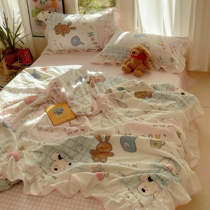 91家纺网 家纺一手货源 找家纺 桃心家居 2025新款A类云柔水洗棉花边韩版少女可爱仙仙大豆单夏被夏凉被空调被四件套 水洗棉花边-夏被卡哇伊