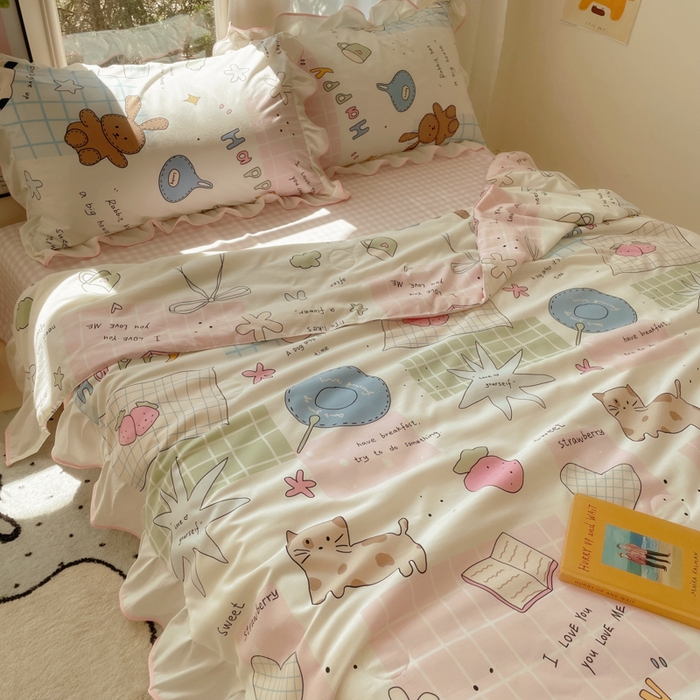 91家纺网 家纺一手货源 找家纺 桃心家居 2025新款A类云柔水洗棉花边韩版少女可爱仙仙大豆单夏被夏凉被空调被四件套 水洗棉花边-夏被卡哇伊