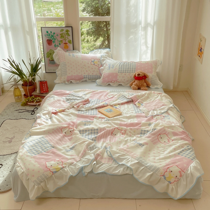 91家纺网 家纺一手货源 找家纺 （总）桃心家居 2025新款A类云柔水洗棉花边韩版少女可爱仙仙大豆单夏被夏凉被空调被四件套