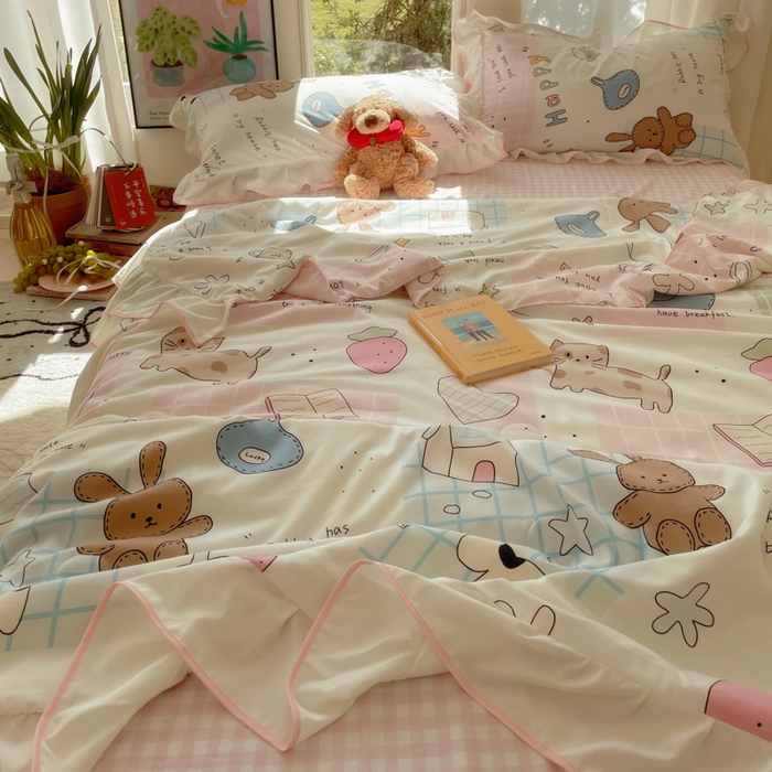 91家纺网 家纺一手货源 找家纺 桃心家居 2025新款A类云柔水洗棉花边韩版少女可爱仙仙大豆单夏被夏凉被空调被四件套 水洗棉花边-夏被卡哇伊