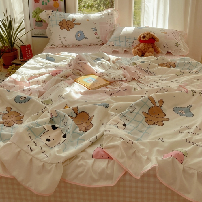 91家纺网 家纺一手货源 找家纺 桃心家居 2025新款A类云柔水洗棉花边韩版少女可爱仙仙大豆单夏被夏凉被空调被四件套 水洗棉花边-夏被卡哇伊