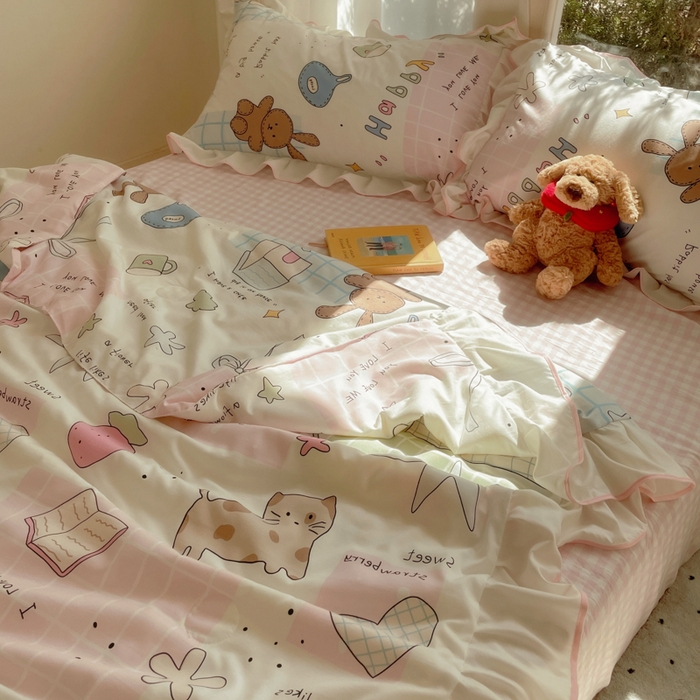 91家纺网 家纺一手货源 找家纺 桃心家居 2025新款A类云柔水洗棉花边韩版少女可爱仙仙大豆单夏被夏凉被空调被四件套 水洗棉花边-夏被卡哇伊