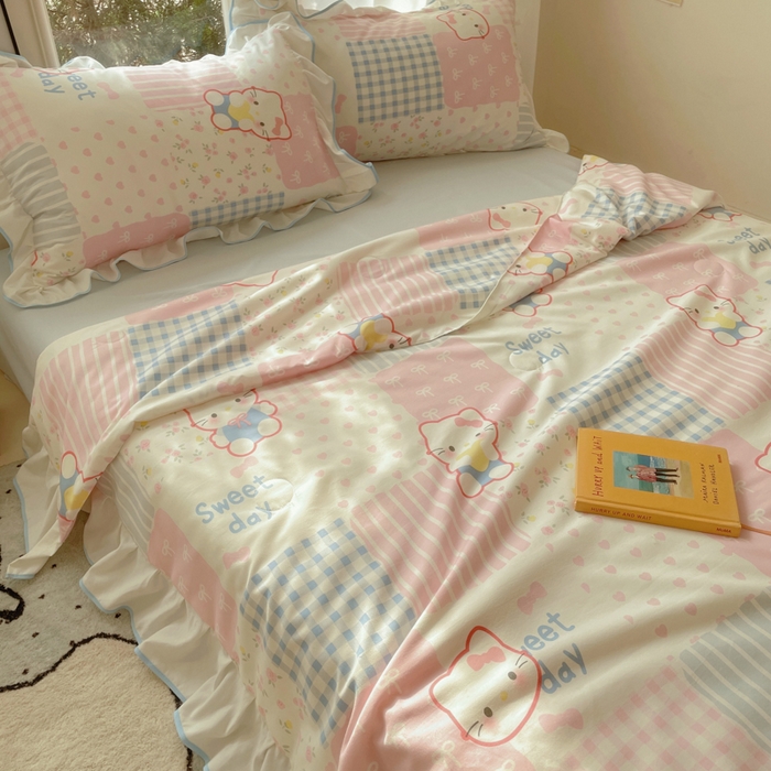 91家纺网 家纺一手货源 找家纺 （总）桃心家居 2025新款A类云柔水洗棉花边韩版少女可爱仙仙大豆单夏被夏凉被空调被四件套