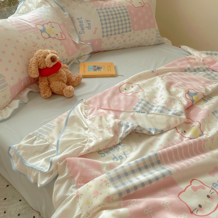 91家纺网 家纺一手货源 找家纺 （总）桃心家居 2025新款A类云柔水洗棉花边韩版少女可爱仙仙大豆单夏被夏凉被空调被四件套