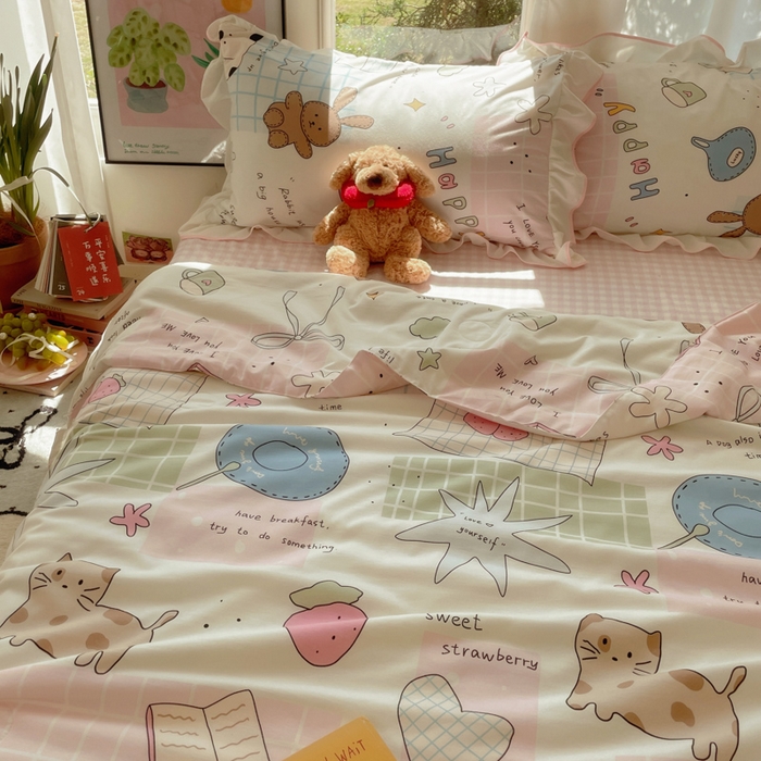 91家纺网 家纺一手货源 找家纺 桃心家居 2025新款A类云柔水洗棉花边韩版少女可爱仙仙大豆单夏被夏凉被空调被四件套 水洗棉花边-夏被卡哇伊