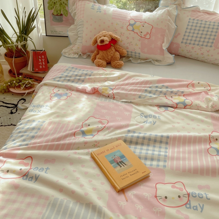 91家纺网 家纺一手货源 找家纺 （总）桃心家居 2025新款A类云柔水洗棉花边韩版少女可爱仙仙大豆单夏被夏凉被空调被四件套