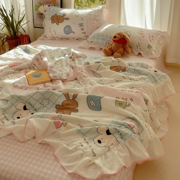 91家纺网 家纺一手货源 找家纺 桃心家居 2025新款A类云柔水洗棉花边韩版少女可爱仙仙大豆单夏被夏凉被空调被四件套 水洗棉花边-夏被卡哇伊