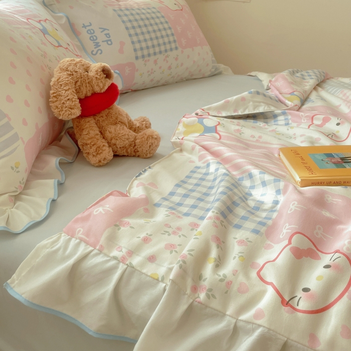 91家纺网 家纺一手货源 找家纺 （总）桃心家居 2025新款A类云柔水洗棉花边韩版少女可爱仙仙大豆单夏被夏凉被空调被四件套