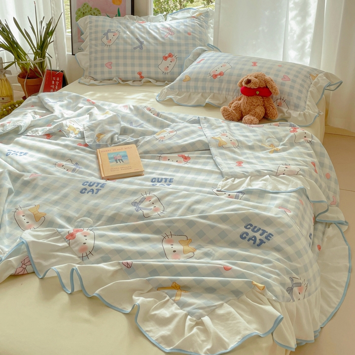 91家纺网 家纺一手货源 找家纺 桃心家居 2025新款A类云柔水洗棉花边韩版少女可爱仙仙大豆单夏被夏凉被空调被四件套 水洗棉花边-夏被兰格猫咪