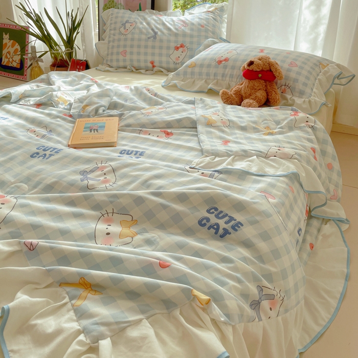 91家纺网 家纺一手货源 找家纺 桃心家居 2025新款A类云柔水洗棉花边韩版少女可爱仙仙大豆单夏被夏凉被空调被四件套 水洗棉花边-夏被兰格猫咪