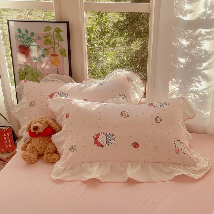 91家纺网 家纺一手货源 找家纺 桃心家居 2025新款A类云柔水洗棉花边韩版少女可爱仙仙大豆单夏被夏凉被空调被四件套 水洗棉花边-夏被甜甜猫咪