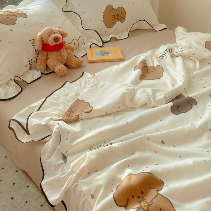 91家纺网 家纺一手货源 找家纺 桃心家居 2025新款A类云柔水洗棉花边韩版少女可爱仙仙大豆单夏被夏凉被空调被四件套 水洗棉花边-夏被萌萌乐园