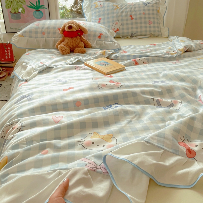 91家纺网 家纺一手货源 找家纺 桃心家居 2025新款A类云柔水洗棉花边韩版少女可爱仙仙大豆单夏被夏凉被空调被四件套 水洗棉花边-夏被兰格猫咪