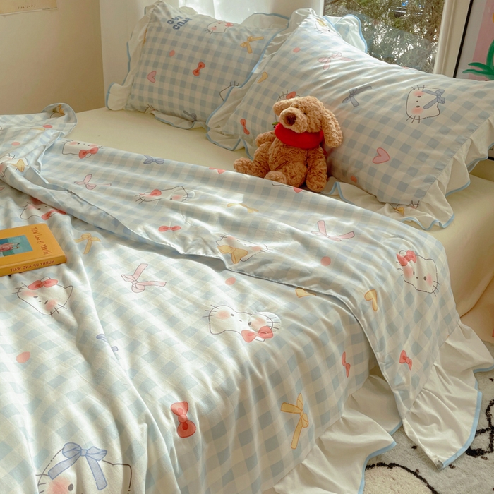 91家纺网 家纺一手货源 找家纺 桃心家居 2025新款A类云柔水洗棉花边韩版少女可爱仙仙大豆单夏被夏凉被空调被四件套 水洗棉花边-夏被兰格猫咪