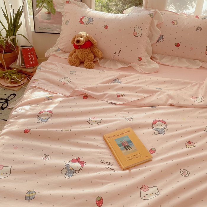 91家纺网 家纺一手货源 找家纺 桃心家居 2025新款A类云柔水洗棉花边韩版少女可爱仙仙大豆单夏被夏凉被空调被四件套 水洗棉花边-夏被甜甜猫咪