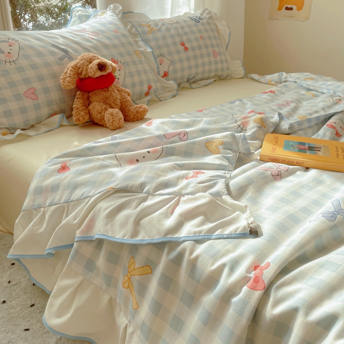 91家纺网 家纺一手货源 找家纺 桃心家居 2025新款A类云柔水洗棉花边韩版少女可爱仙仙大豆单夏被夏凉被空调被四件套 水洗棉花边-夏被兰格猫咪