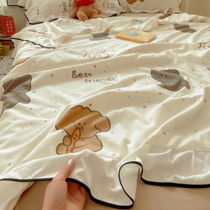 91家纺网 家纺一手货源 找家纺 桃心家居 2025新款A类云柔水洗棉花边韩版少女可爱仙仙大豆单夏被夏凉被空调被四件套 水洗棉花边-夏被萌萌乐园