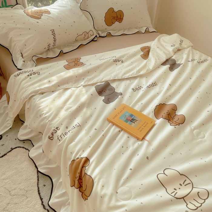 91家纺网 家纺一手货源 找家纺 桃心家居 2025新款A类云柔水洗棉花边韩版少女可爱仙仙大豆单夏被夏凉被空调被四件套 水洗棉花边-夏被萌萌乐园