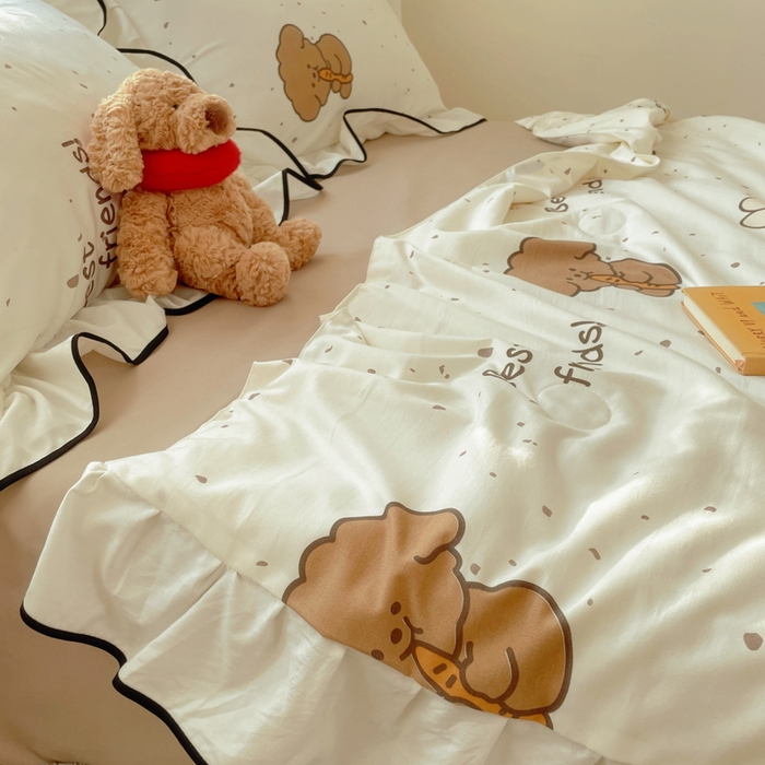 91家纺网 家纺一手货源 找家纺 桃心家居 2025新款A类云柔水洗棉花边韩版少女可爱仙仙大豆单夏被夏凉被空调被四件套 水洗棉花边-夏被萌萌乐园