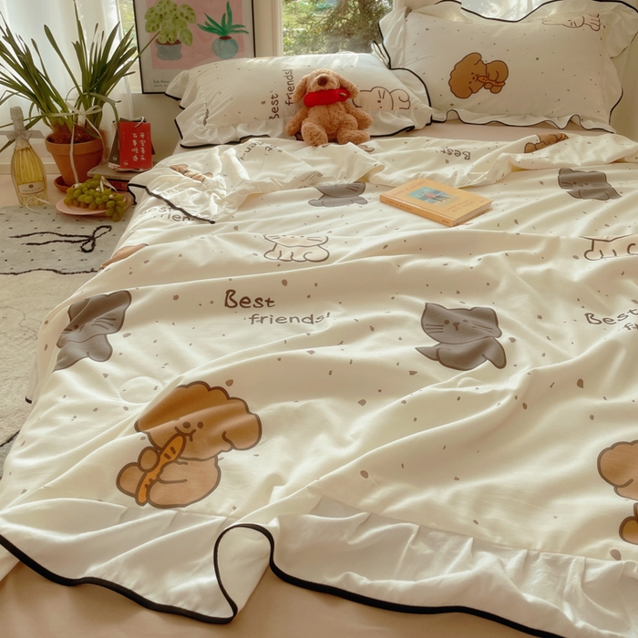 91家纺网 家纺一手货源 找家纺 桃心家居 2025新款A类云柔水洗棉花边韩版少女可爱仙仙大豆单夏被夏凉被空调被四件套 水洗棉花边-夏被萌萌乐园