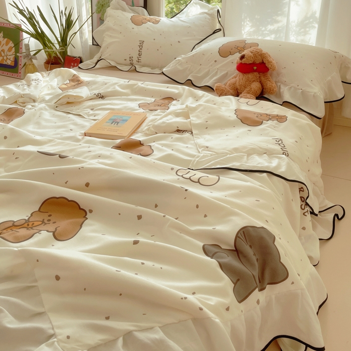 91家纺网 家纺一手货源 找家纺 桃心家居 2025新款A类云柔水洗棉花边韩版少女可爱仙仙大豆单夏被夏凉被空调被四件套 水洗棉花边-夏被萌萌乐园