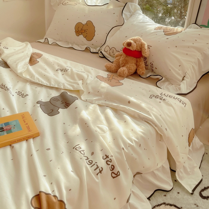 91家纺网 家纺一手货源 找家纺 桃心家居 2025新款A类云柔水洗棉花边韩版少女可爱仙仙大豆单夏被夏凉被空调被四件套 水洗棉花边-夏被萌萌乐园