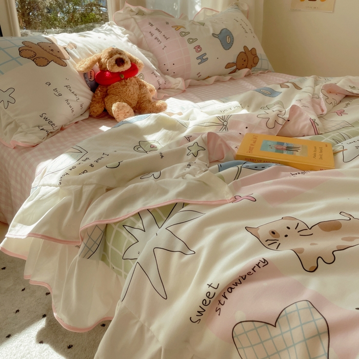 91家纺网 家纺一手货源 找家纺 桃心家居 2025新款A类云柔水洗棉花边韩版少女可爱仙仙大豆单夏被夏凉被空调被四件套 水洗棉花边-夏被卡哇伊