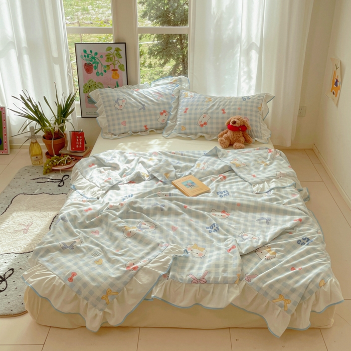 91家纺网 家纺一手货源 找家纺 （总）桃心家居 2025新款A类云柔水洗棉花边韩版少女可爱仙仙大豆单夏被夏凉被空调被四件套