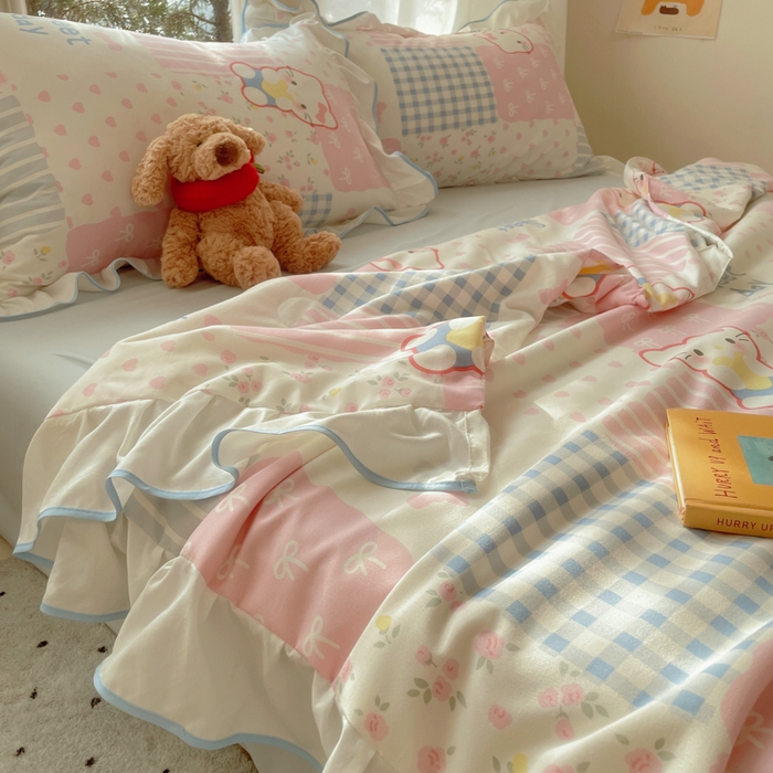 91家纺网 家纺一手货源 找家纺 （总）桃心家居 2025新款A类云柔水洗棉花边韩版少女可爱仙仙大豆单夏被夏凉被空调被四件套